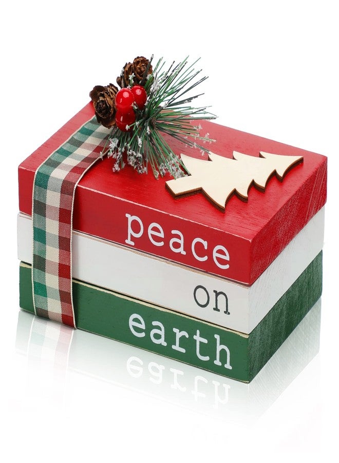 KORMMCO Christmas Wood Book Stack, Christmas Tiered Tray Decor, Peace on Earth Mini Faux Decorative Books with Pine Berry, Farmhouse Book Decor for Home Table Mantle Shelf - Image 1
